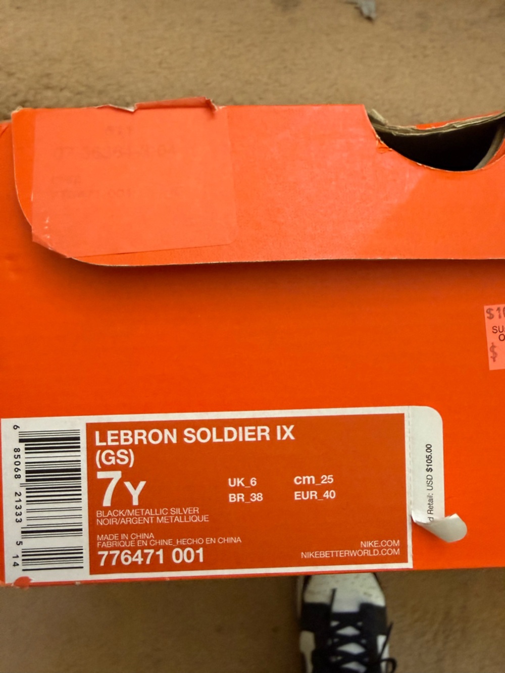 Nike Orange LeBron Soldier IX (GS) Box